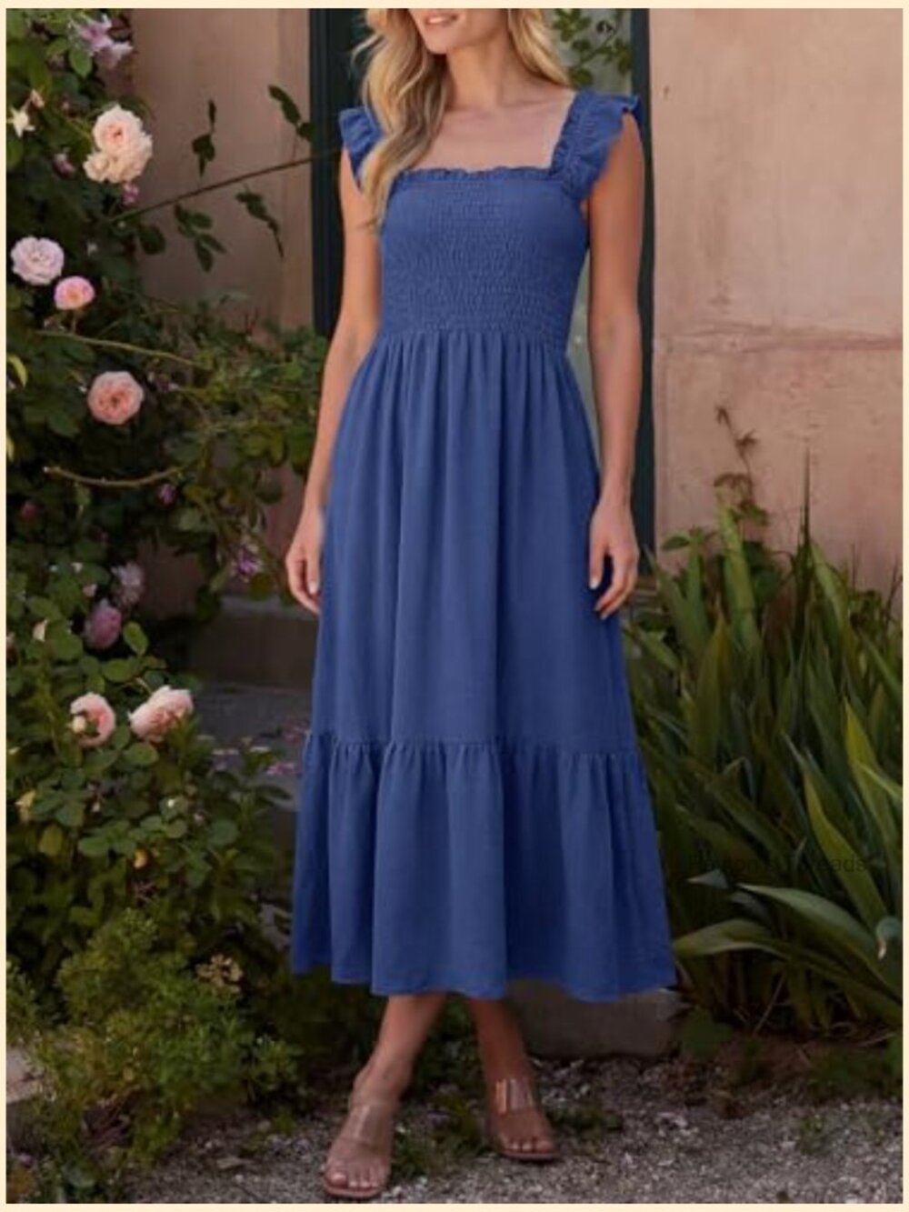 Womens Summer Casual Maxi Dress Ruffle Spaghetti Strap Smocked Long Dress - Picture 2 of 7